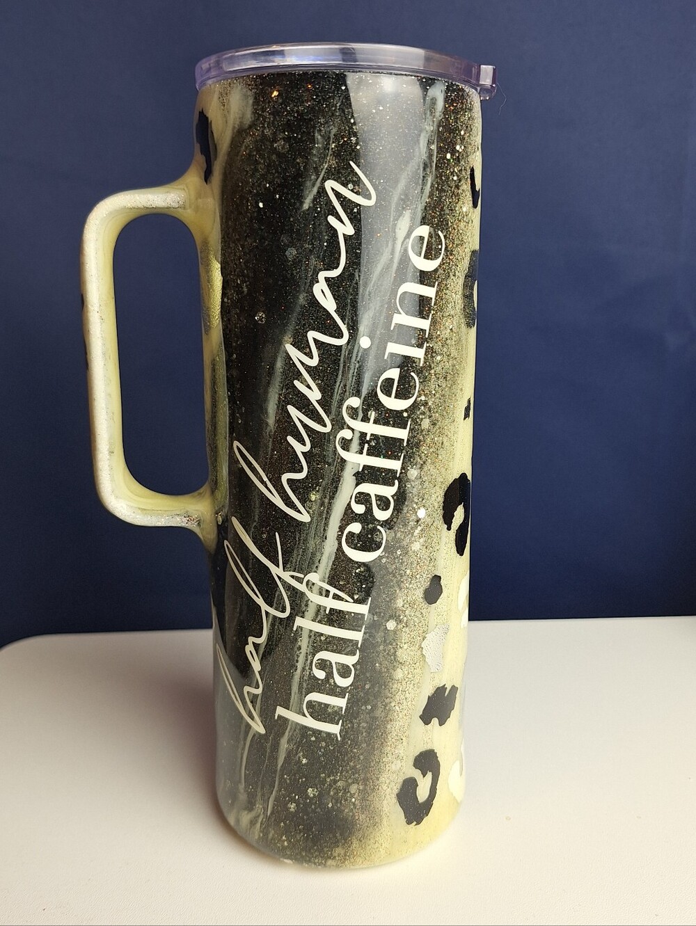 Glitter Epoxy Travel Tumbler Cheetah Print Half Human Half Caffeine8.5" tall